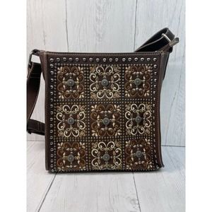 Montana West Brown Purse Bag Tote Conceal Embroidered Tile Studded